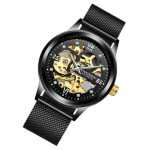 Waterproof Luminous Diamond Mechanical Watch With Double-Sided Hollow Design And Black Mesh Strap - Image 2