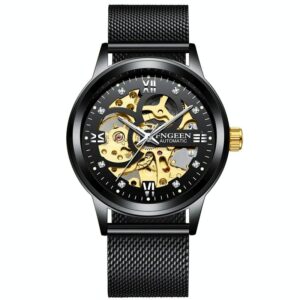 Waterproof Luminous Diamond Mechanical Watch With Double-Sided Hollow Design And Black Mesh Strap - Image 9