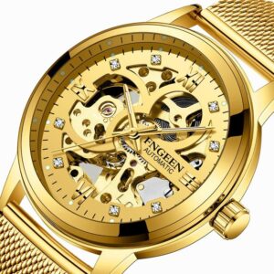 Waterproof Luminous Diamond Mechanical Watch With Double-Sided Hollow Design And Black Mesh Strap - Image 3