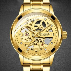 Waterproof Luminous Diamond Mechanical Watch With Double-Sided Hollow Design And Black Mesh Strap - Image 4