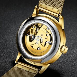 Waterproof Luminous Diamond Mechanical Watch With Double-Sided Hollow Design And Black Mesh Strap - Image 5