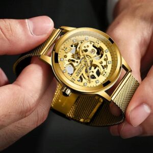 Waterproof Luminous Diamond Mechanical Watch With Double-Sided Hollow Design And Black Mesh Strap - Image 6