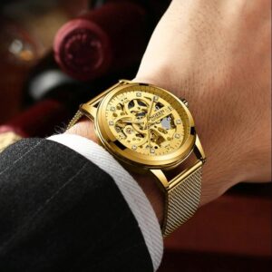 Waterproof Luminous Diamond Mechanical Watch With Double-Sided Hollow Design And Black Mesh Strap - Image 7