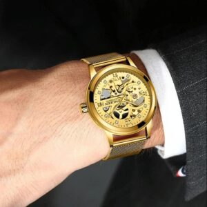 Waterproof Luminous Diamond Mechanical Watch With Double-Sided Hollow Design And Black Mesh Strap - Image 8