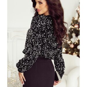 Black Sequined Long Sleeve Crew Neck Cropped Blouse - M - Image 6