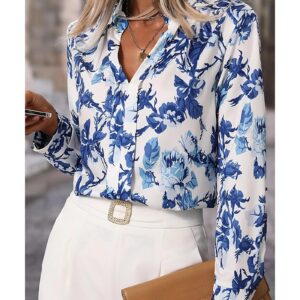 Sky Blue Floral Print Notched Neck Elegant Blouse - L - Image 4