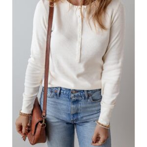 White Solid Color Waffle Half Button Long Sleeve Top - M - Image 1