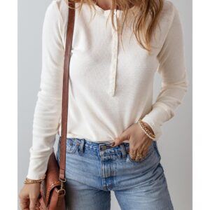 White Solid Color Waffle Half Button Long Sleeve Top - M - Image 6
