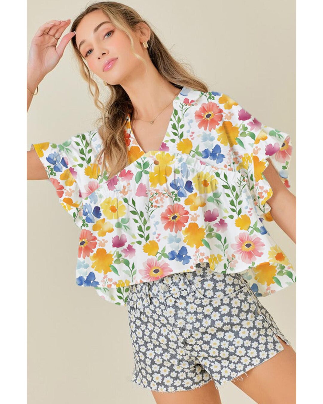 Yellow Ruffle Terry Short Set Yellow Floral Boxy Fit Ruffled Short Sleeve V Neck Blouse – L ...