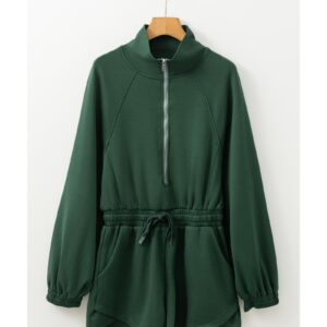 Blackish Green Collared Half Zip French Terry Knit Drawstring Casual Romper - M - Image 4