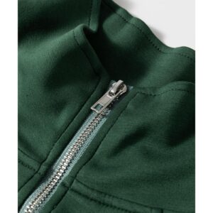 Blackish Green Collared Half Zip French Terry Knit Drawstring Casual Romper - M - Image 6