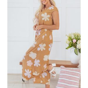 Khaki Floral Print Sleeveless Button up Wide Leg Loose Jumpsuit - M - Image 3