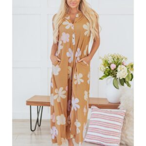 Khaki Floral Print Sleeveless Button up Wide Leg Loose Jumpsuit - M - Image 5