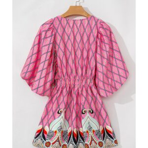 Pink Paisley Geometric Print V Neck High Waist Romper - M - Image 2