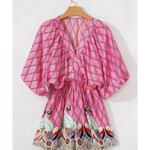 Pink Paisley Geometric Print V Neck High Waist Romper - M - Image 5