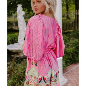 Pink Paisley Geometric Print V Neck High Waist Romper - M - Image 6