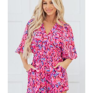 Pink Abstract Print Puff Sleeve V Neck High Waist Romper - M - Image 2