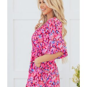 Pink Abstract Print Puff Sleeve V Neck High Waist Romper - M - Image 3