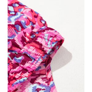 Pink Abstract Print Puff Sleeve V Neck High Waist Romper - M - Image 5
