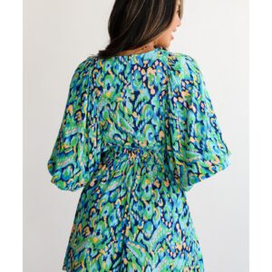 Green Abstract Print Puff Sleeve V Neck High Waist Romper - L - Image 3