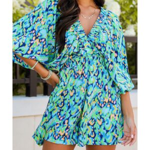 Green Abstract Print Puff Sleeve V Neck High Waist Romper - L - Image 4