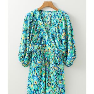 Green Abstract Print Puff Sleeve V Neck High Waist Romper - L - Image 5