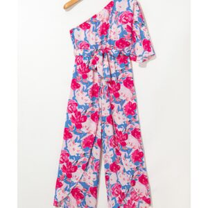 Pink Floral Print Asymmetrical Neckline Single Shoulder Drape Sleeve Belted Jumpsuit - M - Image 4