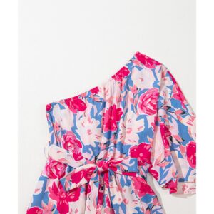 Pink Floral Print Asymmetrical Neckline Single Shoulder Drape Sleeve Belted Jumpsuit - M - Image 6