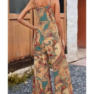 Red Paisley Printed Spaghetti Straps Elegant Wide Leg Jumpsuit - L - Image 2