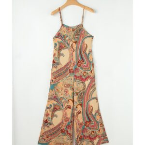 Red Paisley Printed Spaghetti Straps Elegant Wide Leg Jumpsuit - L - Image 3