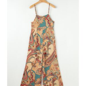 Red Paisley Printed Spaghetti Straps Elegant Wide Leg Jumpsuit - L - Image 4