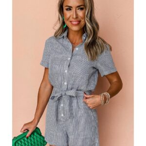 Blue Stripe Chest Pockets Buttoned Belted High Waist Romper - L - Image 3