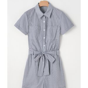Blue Stripe Chest Pockets Buttoned Belted High Waist Romper - L - Image 6