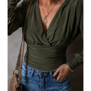 Moss Green Ruched Wrap V Neck Long Sleeve Bodysuit - L - Image 1