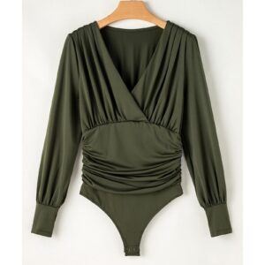 Moss Green Ruched Wrap V Neck Long Sleeve Bodysuit - L - Image 4