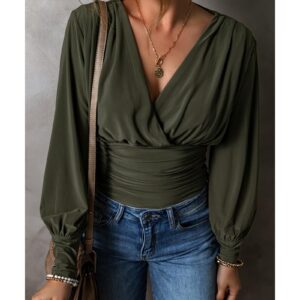 Moss Green Ruched Wrap V Neck Long Sleeve Bodysuit - L - Image 5