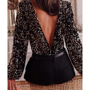 Black Deep V Back Sequin Puff Sleeve Bodysuit - L - Image 1