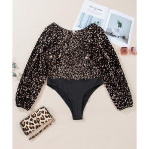 Black Deep V Back Sequin Puff Sleeve Bodysuit - L - Image 3