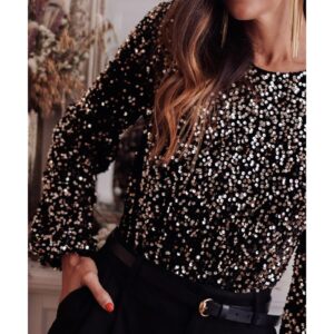 Black Deep V Back Sequin Puff Sleeve Bodysuit - L - Image 4
