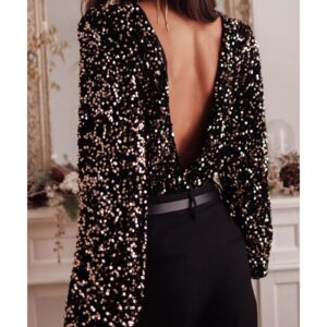 Black Deep V Back Sequin Puff Sleeve Bodysuit - L - Image 6