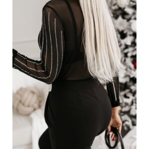 Black Rhinestone Decor Striped Mesh Long Sleeve Bodysuit - L - Image 2
