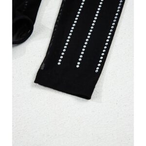 Black Rhinestone Decor Striped Mesh Long Sleeve Bodysuit - L - Image 6
