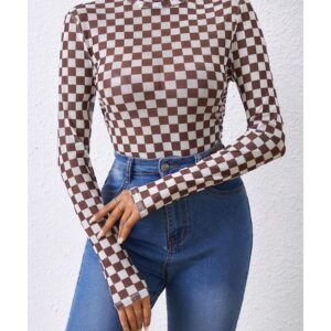 Brown Checkered Printed Long Sleeve High Neck Bodysuit - L - Image 3
