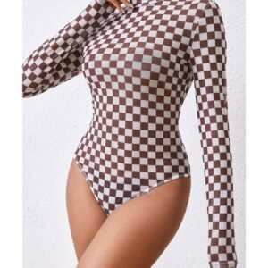 Brown Checkered Printed Long Sleeve High Neck Bodysuit - L - Image 4