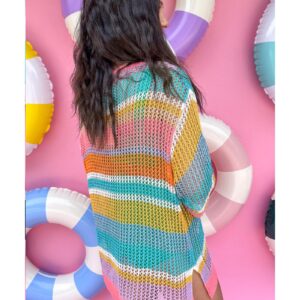 Pink Stripe Plus Size Open Knit Patch Pocket Short Sleeve Sweater - 4X - Image 2