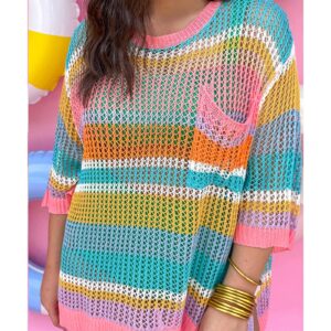 Pink Stripe Plus Size Open Knit Patch Pocket Short Sleeve Sweater - 4X - Image 3