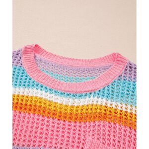 Pink Stripe Plus Size Open Knit Patch Pocket Short Sleeve Sweater - 4X - Image 5