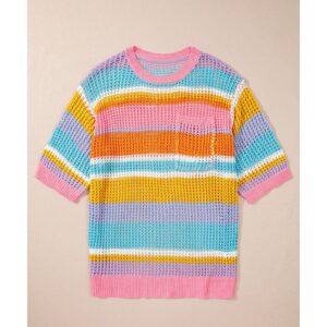 Pink Stripe Plus Size Open Knit Patch Pocket Short Sleeve Sweater - 4X - Image 6