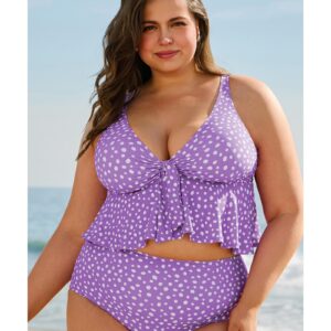 Purple Plus Size Polka Dot Print Ruffled Knotted V Neck Tankini Set - 1X - Image 1