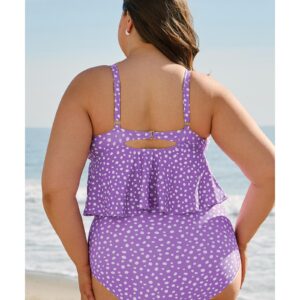 Purple Plus Size Polka Dot Print Ruffled Knotted V Neck Tankini Set - 1X - Image 2